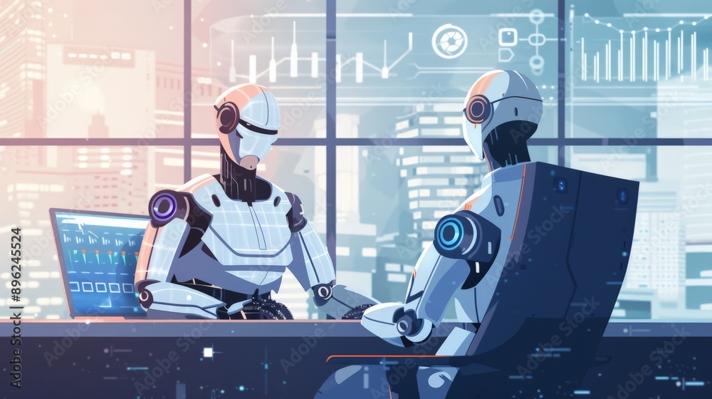 Aufkleber Two robots having a meeting in a modern office with cityscape view. Artificial Intelligence collaboration in work environment.