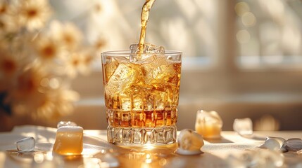 A glass of cold coffee with ice cubes and milk being poured into it.