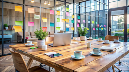 Colorful sticky notes and charts on glass walls surround a modern wooden table with laptops and Coffee cups in a trendy office collaboration space.