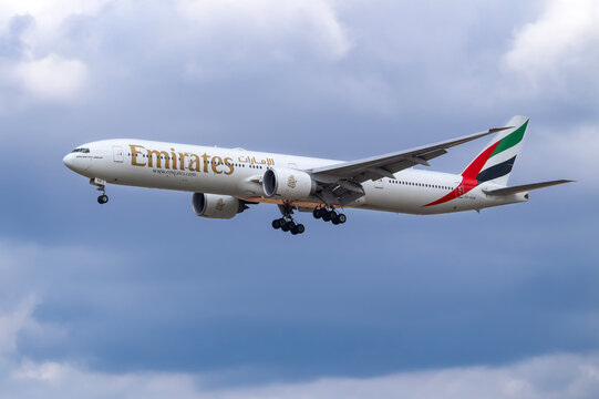 PRAGUE, Czech Republic - July 24, 2024: Emirates Boeing 777-31H(ER) REG: A6-EGR at Vaclav Havel Airport Prague. Emirates is the largest airline and one of two flag carriers of the UAE.