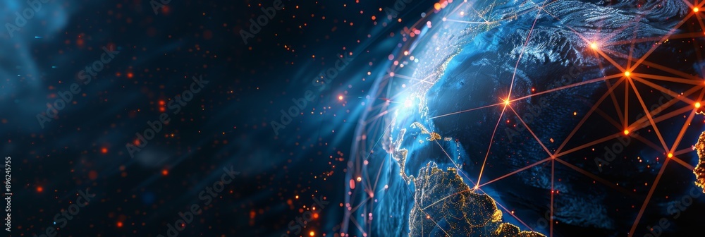 Poster a 3d rendered illustration of a digital network globe with glowing red lines connecting various poin