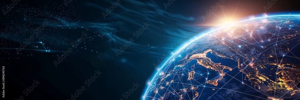 Poster a digital illustration depicting a globe with interconnected lines and data streams, rendered in a h