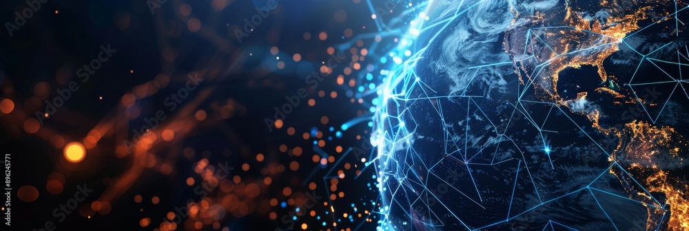 Poster a digitally rendered globe illustration showcases interconnected lines and data streams representing