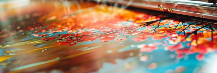A close-up of a large-scale poster being printed with vibrant colors, showcasing the intricate details of the printing process