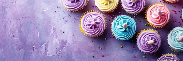 A flat lay overhead view of brightly colored cupcakes decorated with unicorn-themed frosting arranged on a lavender background with copy space for text