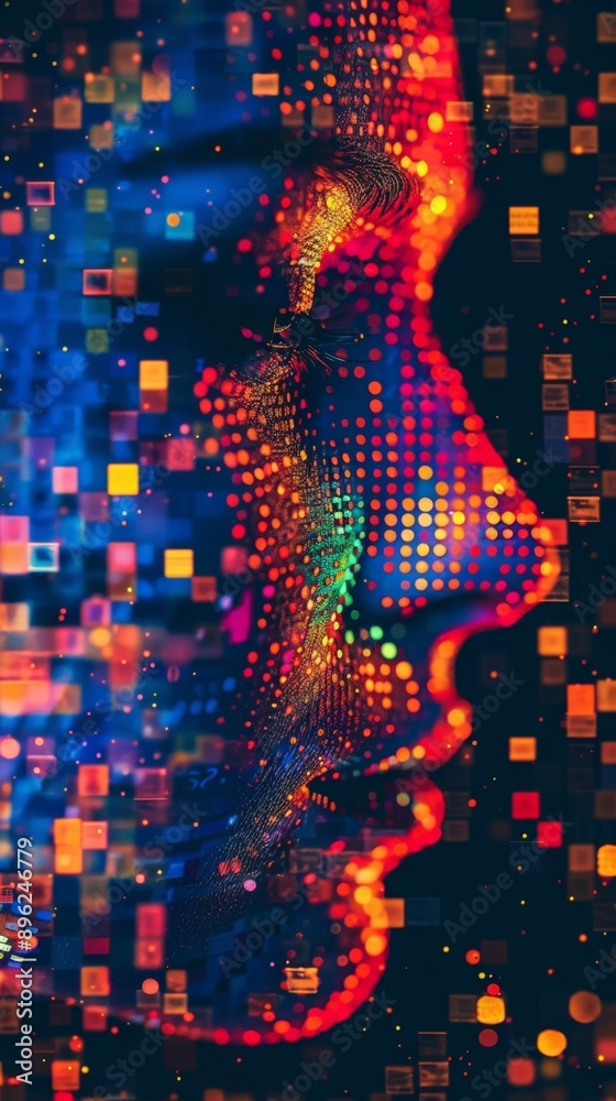 Poster abstract profile of a face composed of glowing dots and squares on a dark background. symbolizes ai 