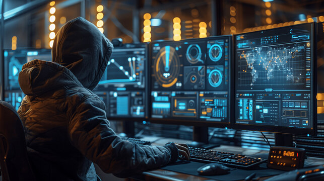 A software engineer, a hacker in a hoodie using a computer, with graphs and statistics on his screens.