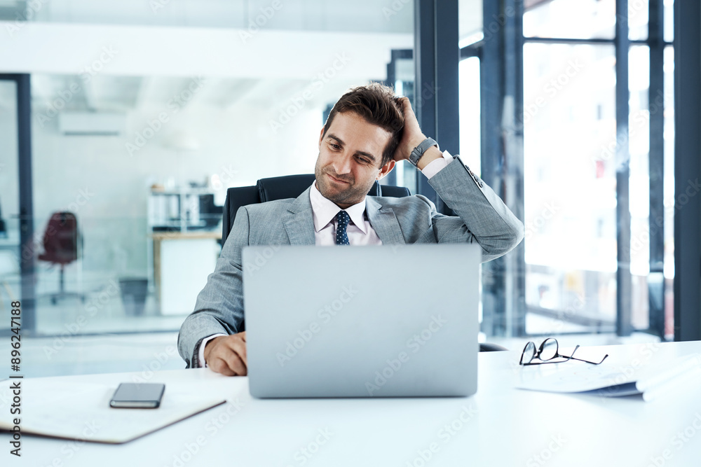 Poster doubt, laptop and problem solving with business man at desk in office for email, feedback or review.