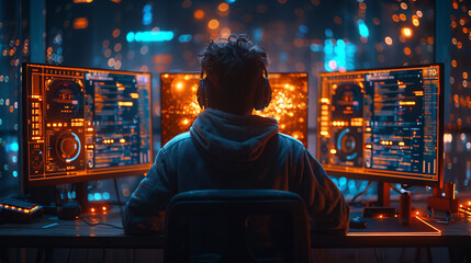 A software engineer, a hacker in a hoodie using a computer, with graphs and statistics on his screens.