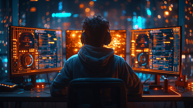 A software engineer, a hacker in a hoodie using a computer, with graphs and statistics on his screens.