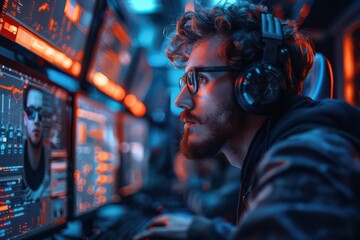 Obraz premium A young man wearing headphones and glasses focuses intently on multiple computer screens, immersed in a digital world.