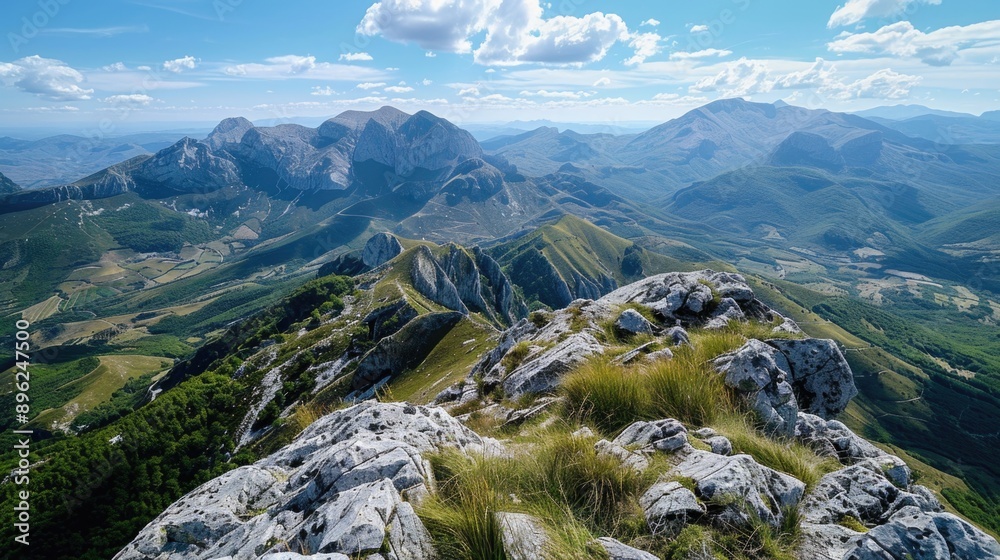 Poster aerial view of a mountain range from a high altitude, suitable for use in travel or outdoor adventur