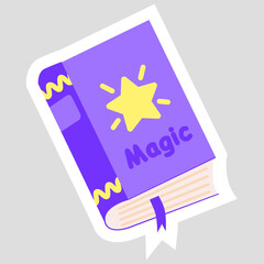 Sticker with thick magic book with spells, vector illustration for kids