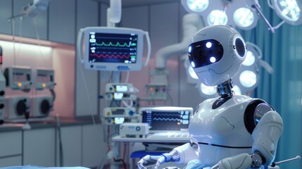 Naklejka premium An AI-powered medical robot assisting surgeons in a state-of-the-art operating room, revolutionizing healthcare with precision and efficiency.