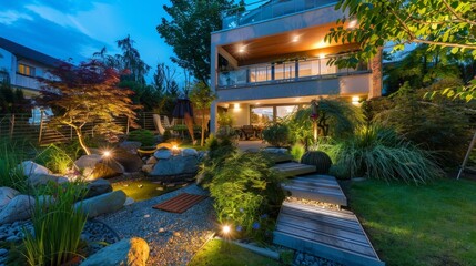Obraz premium Elegant and Modern Garden LED Lighting Illuminating the Space Modern Landscaping Theme.