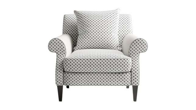 Stylish modern armchair with a soft white polka dot upholstery, perfect for enhancing any living space with comfort and elegance, transparent background.