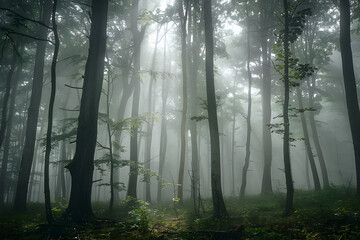 Surreal beautiful forest with fog