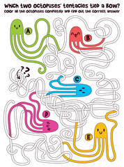 Obraz premium Childrens Maze. Octopuses with tangled tentacles. Educational game for kids. Attention task. Choose right path. Funny cartoon character. Worksheet page. Vector illustration. Isolated white background