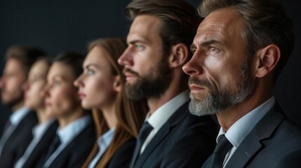 Obraz premium A group of diverse business professionals in suits, standing in a row, looking ahead with determination.