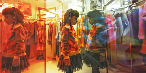 Alpha Fashionista: A young girl trying on different outfits in front of a full-length mirror.