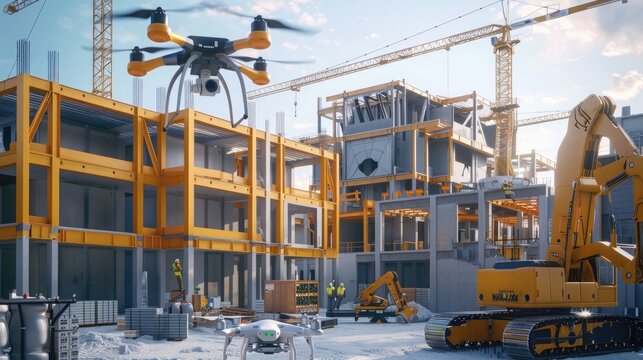 An automated construction site where drones and robots work together to assemble prefabricated building components.