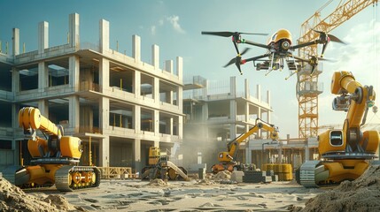 An automated construction site where drones and robots work together to assemble prefabricated building components.