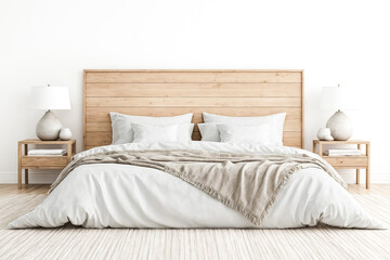 Minimalist Bedroom Interior with White Bedding and Wooden Headboard