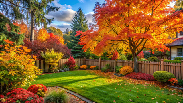 Cozy suburban home's backyard garden features vibrant autumn trees with orange, yellow, and red leaves overlooking a lush green lawn and wooden fence.