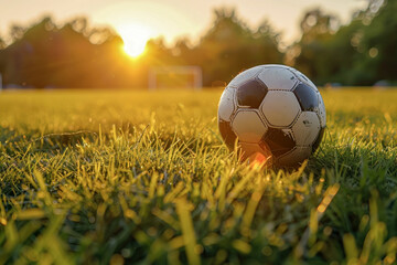Soccer ball on dewy grass at sunrise