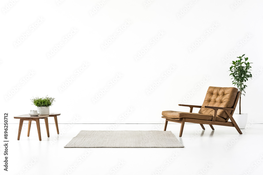 Poster Minimalist Living Room Interior with Leather Armchair and Rug