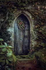 A door with a wreath on it is in a garden