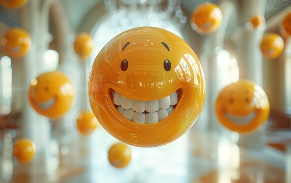 A group of yellow smiley face emoji balls floating in the air against a white background.