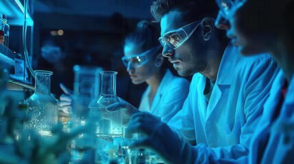 A team of scientists work in a laboratory, conducting research and experiments. The lab is brightly lit with blue light, creating a sense of focus and intensity.