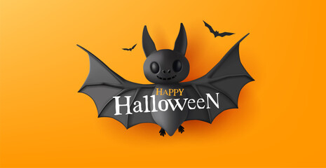 Happy Halloween. 3D image of a funny, scary bat on a bright orange background. For advertising the celebration of Halloween. Vector