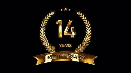 14th Anniversary Celebration. Happy 14 Years Anniversary Animation in Gold Color on the Transparent Background, Alpha Channel. Great for greetings, celebrations, events, and gifts.