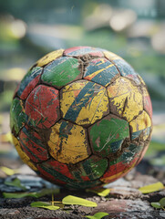 Worn colorful soccer ball on concrete