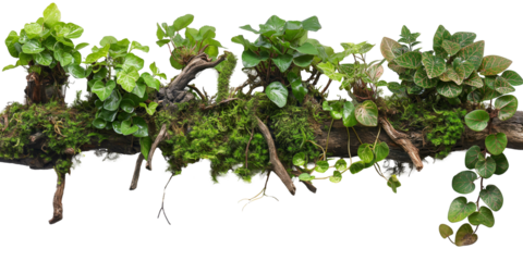 decoration branch with various type of plant grow on it, jungle style lush green tree, PNG isolated transparent background