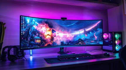 An expansive gaming setup featuring a curved ultra-wide monitor, high-end gaming PC, and RGB-lit peripherals.