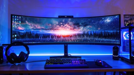 An expansive gaming setup featuring a curved ultra-wide monitor, high-end gaming PC, and RGB-lit peripherals.