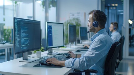 An IT helpdesk providing technical support to users, with technicians troubleshooting issues remotely and onsite.