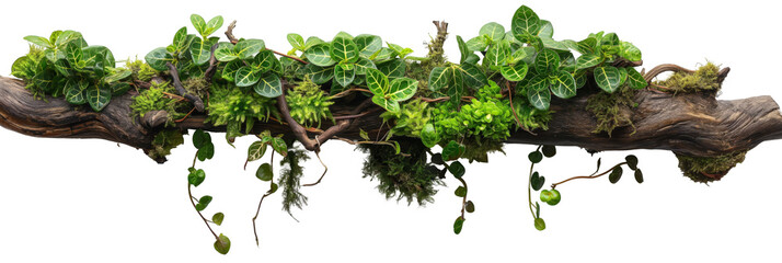 decoration branch with various type of plant grow on it, jungle style lush green tree, PNG isolated transparent background © QuietWord