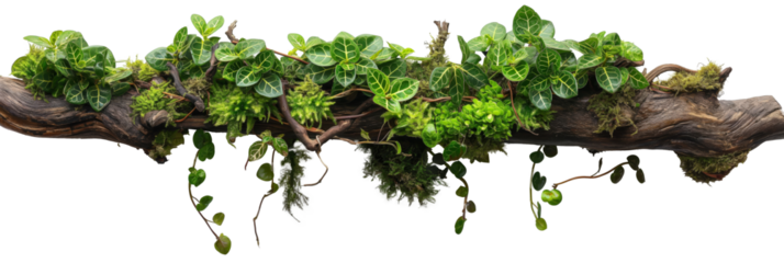 decoration branch with various type of plant grow on it, jungle style lush green tree, PNG isolated transparent background