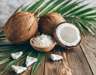 Fresh opened coconuts along with coconut slices, flakes and coconut leaves on a wooden table