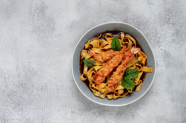 Udon noodles with shrimp in tempura, Japanese cuisine, homemade, no people,