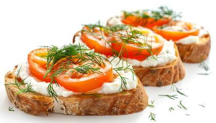 Delicious ricotta bruschettas with sliced tomatoes and dill isolated on white