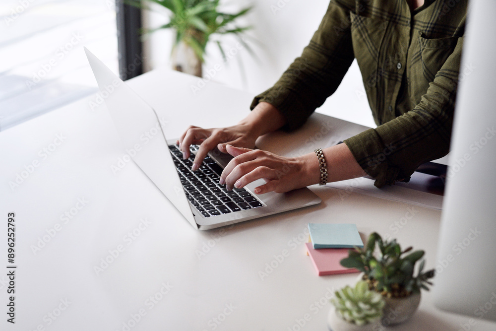 Poster hands, keyboard and typing at desk with laptop for research, email and communication. business, tech