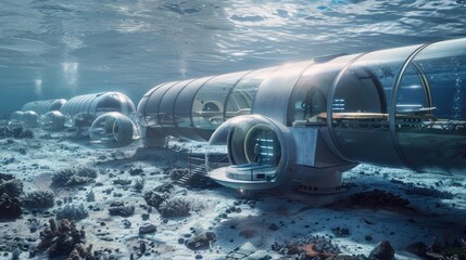 An underwater habitat being constructed on the ocean floor, with modular pods connected by transparent tunnels.