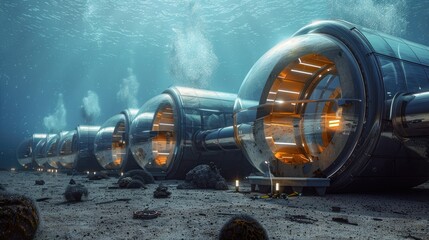 An underwater habitat being constructed on the ocean floor, with modular pods connected by transparent tunnels.