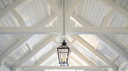 A cathedral ceiling with white-painted wooden beams and a large hanging lantern