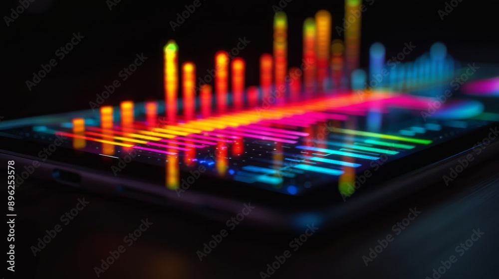 Poster A bar graph with data points highlighted in different colors, displayed on a digital tablet.